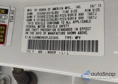 2015 Honda Cr-V Touring из США, поврежденный, VIN 5J6RM3H90FL023540